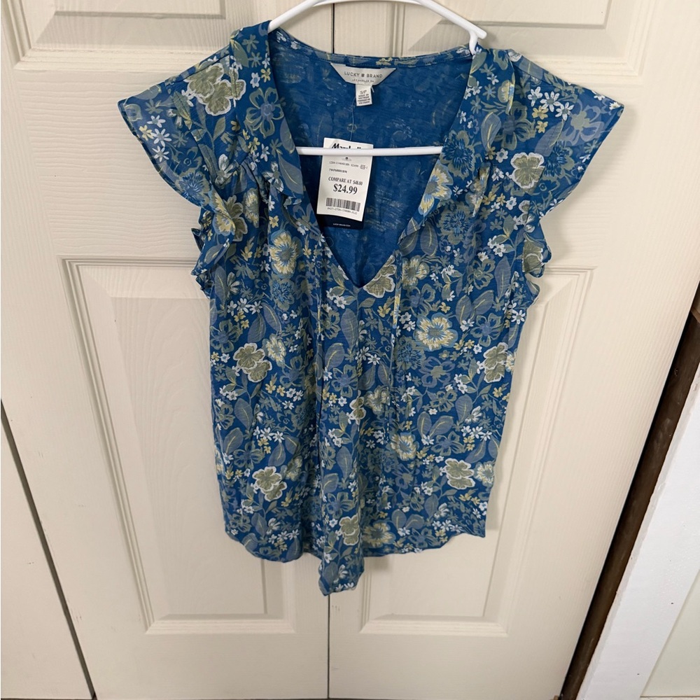 Lucky Brand Blue and Green Floral V-Neck Flutter Sleeve Top